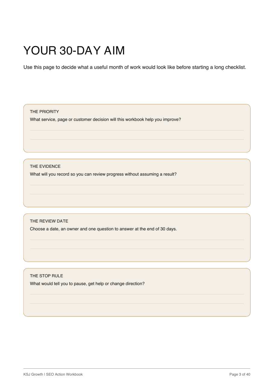 Workbook page for setting a 30-day SEO aim, evidence and review date