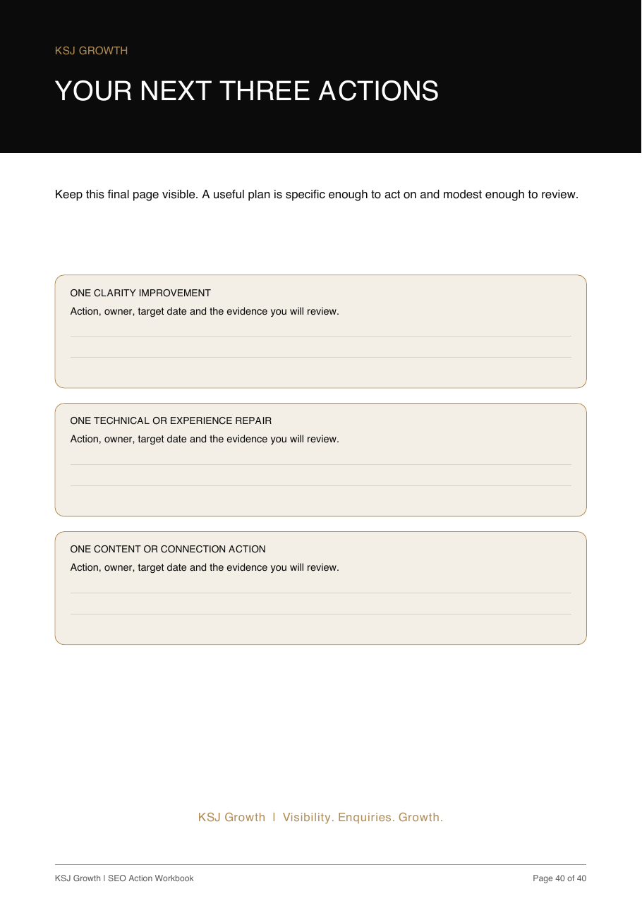 Workbook final page for recording the next three actions