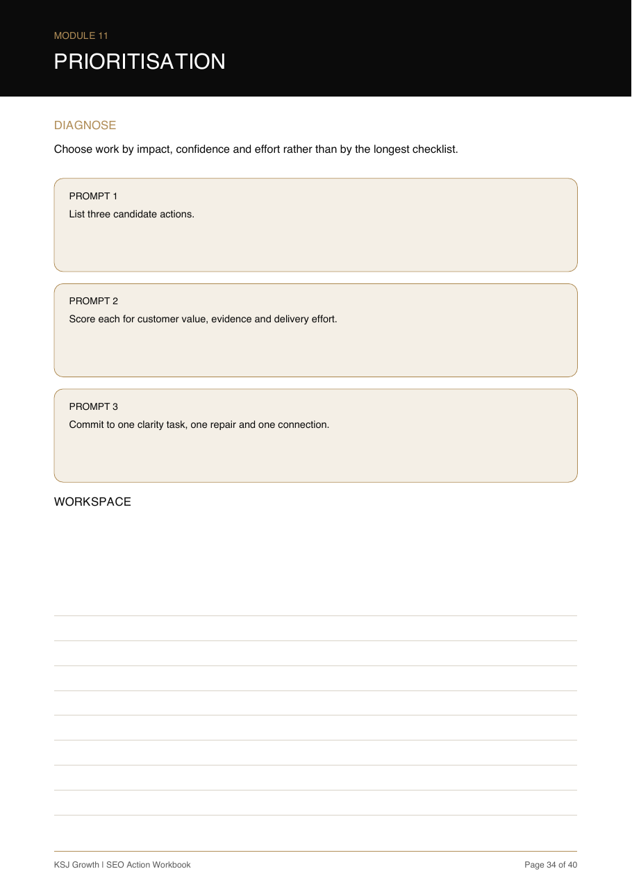 Workbook worksheet for prioritising practical SEO work