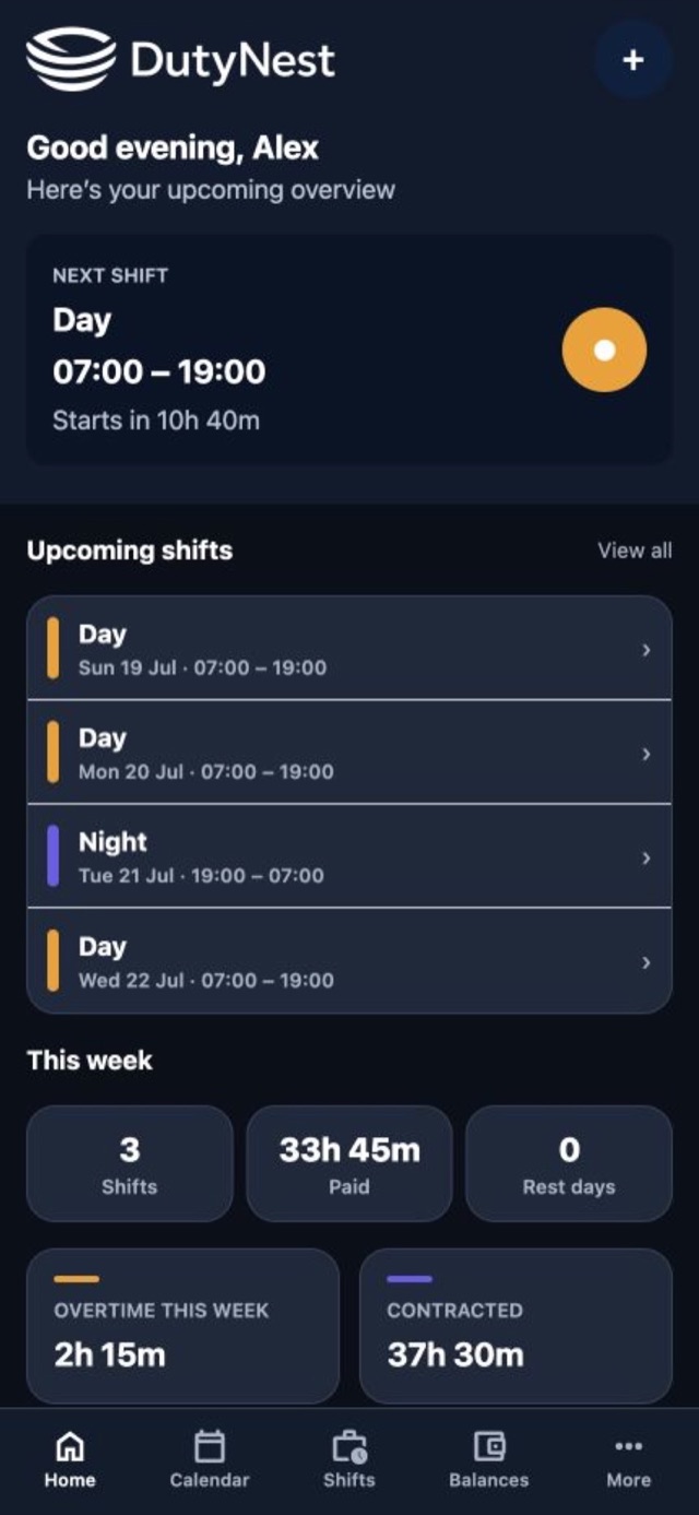 DutyNest app home screen showing the next shift, upcoming rota and weekly totals.