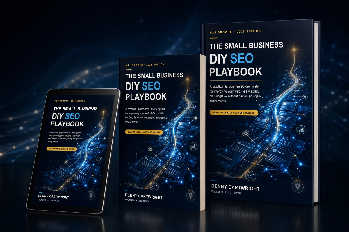 Kindle, paperback and hardcover editions of The Small Business DIY SEO Playbook by Denny Cartwright.